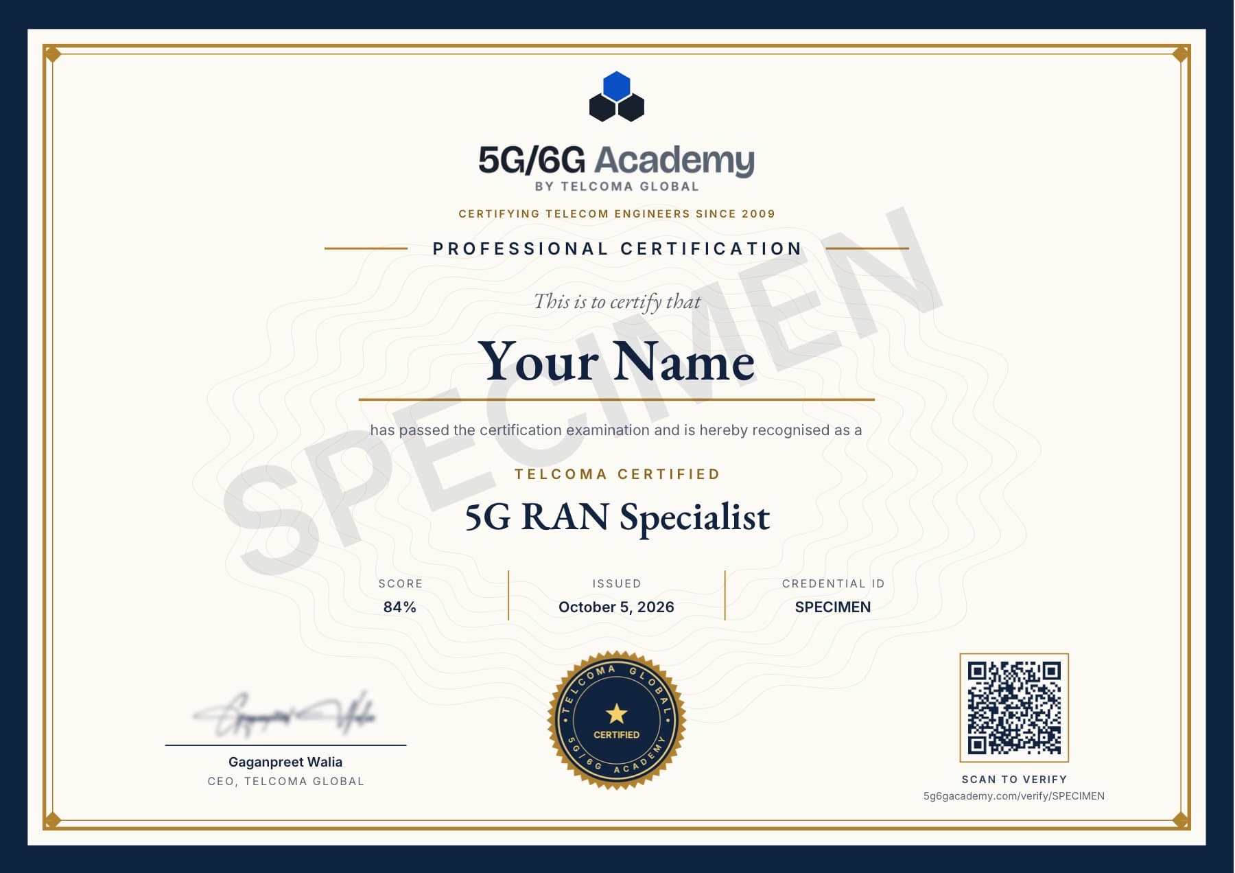 Specimen of the TELCOMA Certified 5G RAN Specialist certificate — the real design, marked SPECIMEN