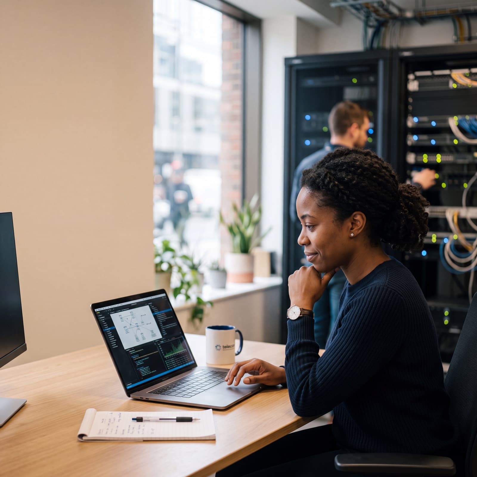 A network engineer studying on a laptop with a colleague at live 5G server racks behind