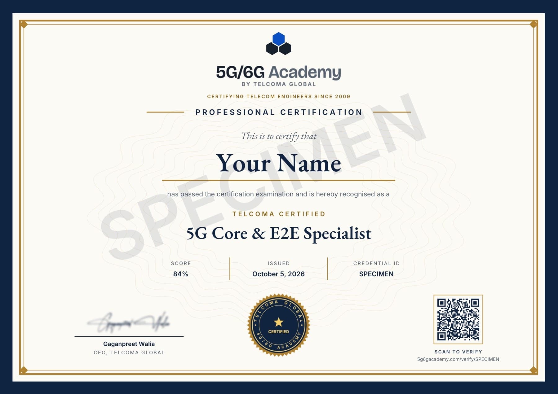 Specimens of TELCOMA certificates — 5G Core & E2E Specialist in front — the real design, marked SPECIMEN