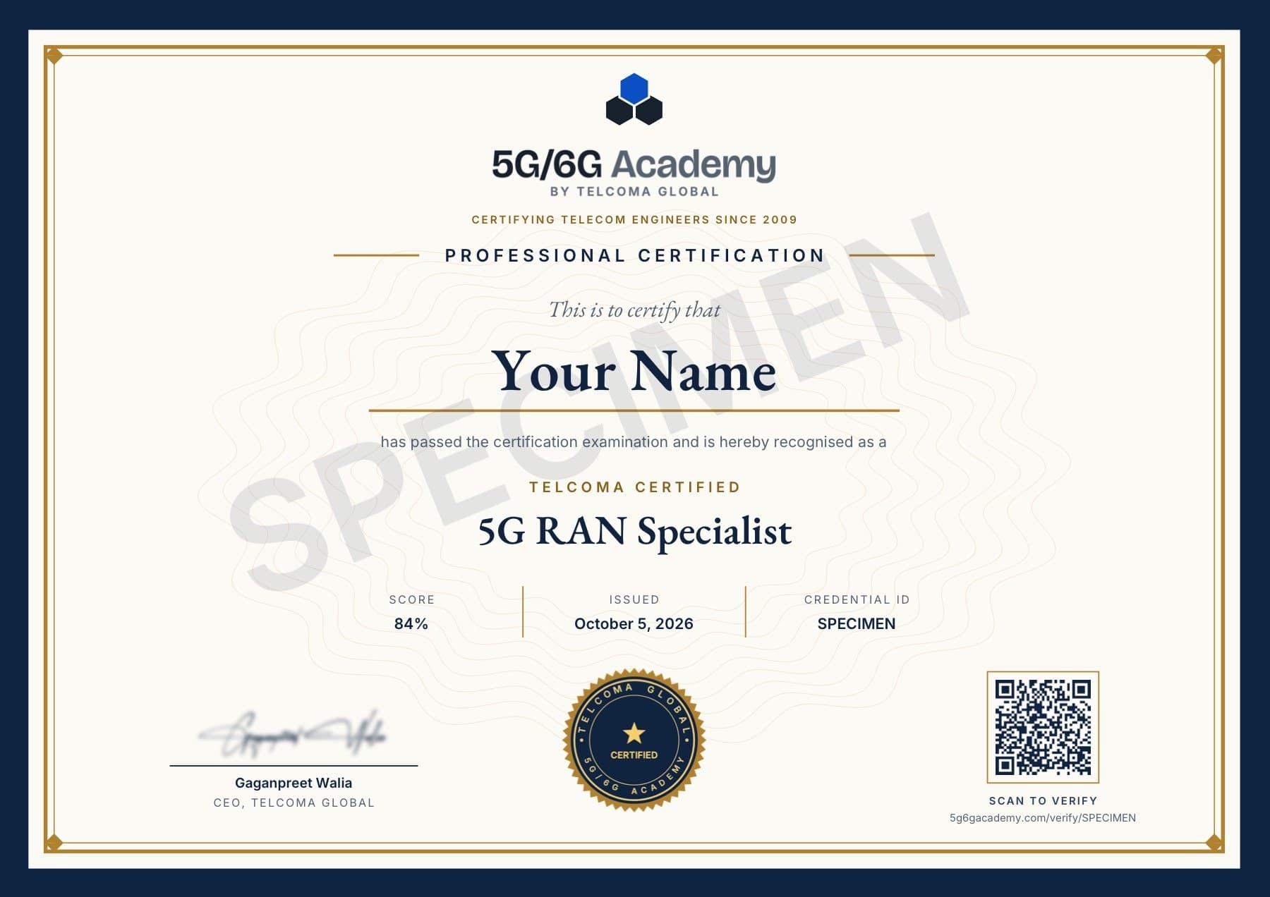 Specimen of the TELCOMA 5G RAN Specialist certificate
